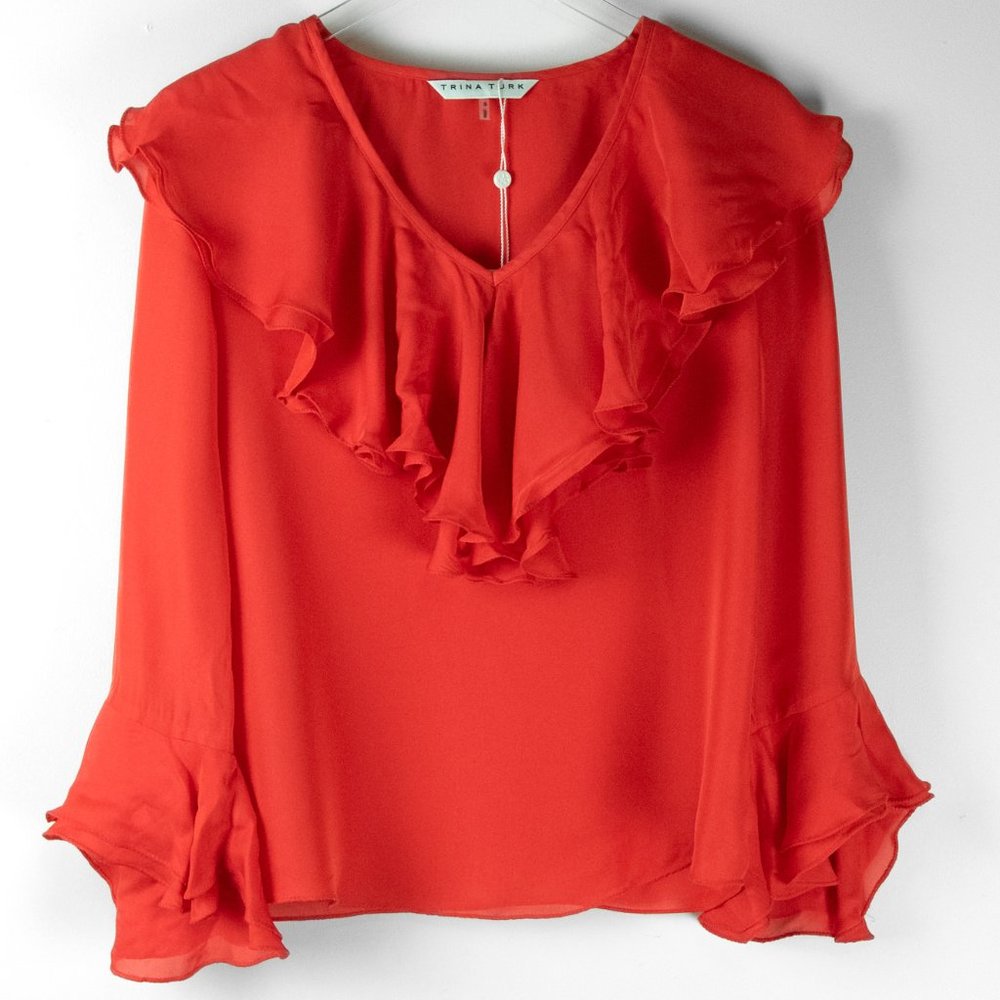 Trina Turk Lantana Blouse Bell Sleeve Tiered Ruffled Orange Red Size Small New - Picture 2 of 5